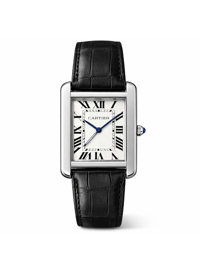 ساعة كارتييه تانك مستطيلة من الستانلس ستيل بميناء أبيض وسوار جلد أسود